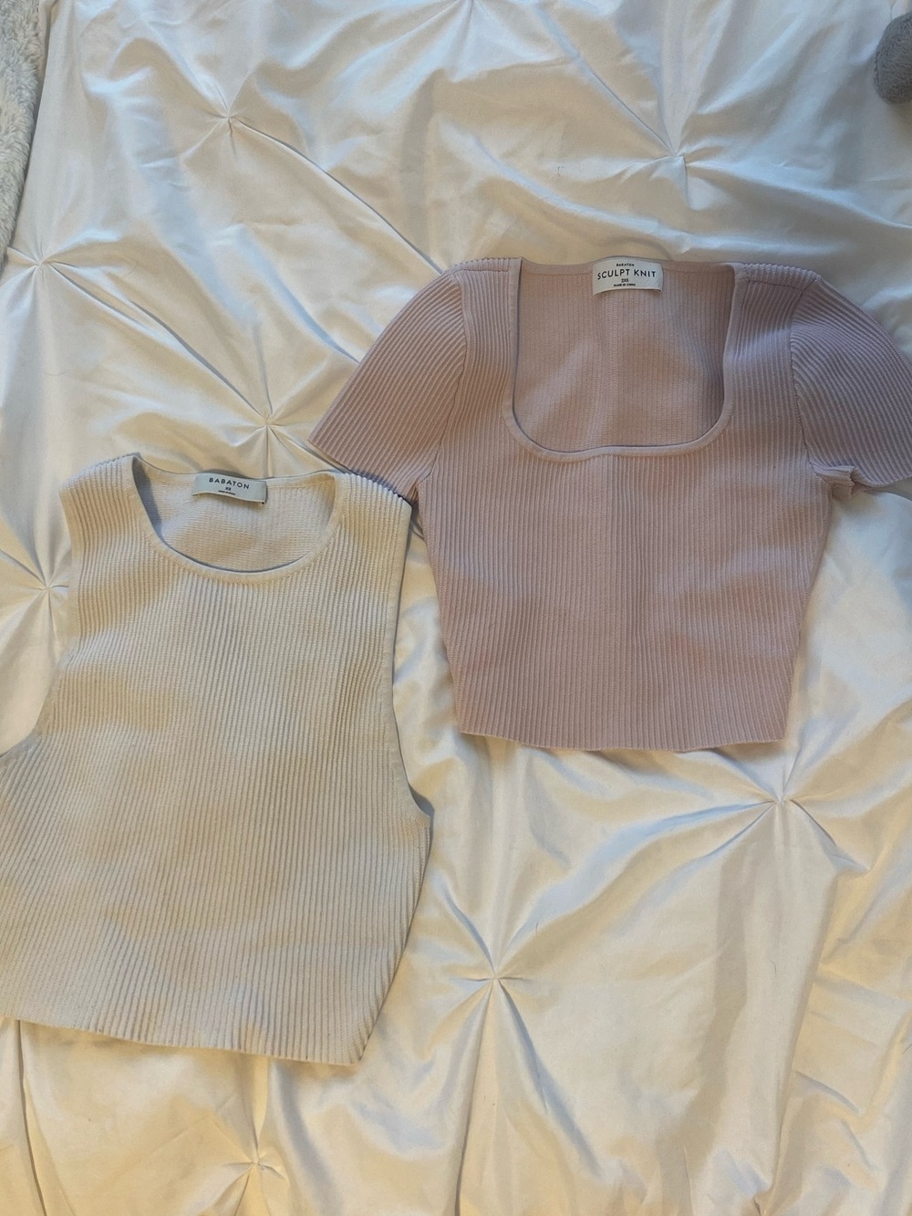 Babaton Sculpt Knit Ribbed Crop Top & Tank Set - Cream and Dusty Pink